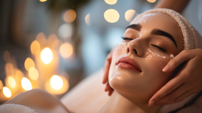 A woman getting a customized skin care consultation, woman undergoing beauty treatments, blurred background, with copy space