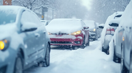 Cars covered with snow on the road in a snowy winter blizzard day