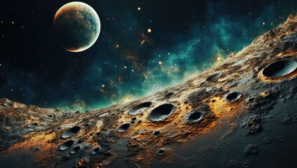Abstract space planet view with craters and abstract universe. 