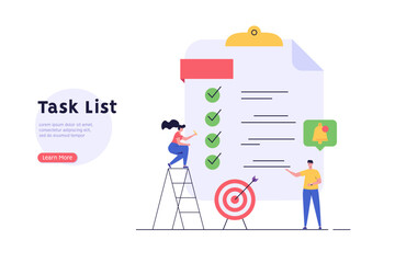 Concept of task done, checklist, to-do list, notification. People marking completed task on checklist. Successful time management. Vector illustration in flat cartoon design for web banner, UI