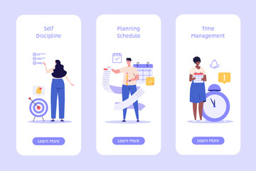 Planning schedule, business event and calendar concept. People with schedule organize meeting. Planning strategy and time management. Vector flat illustration for mobile app, onboarding screen