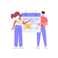 Woman and man planning daily business schedule. Planning calendar, time management, task list. Group calendar sharing for family and work. Couple organizing event. Vector flat design for web banner
