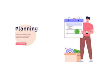 Male character planning daily business schedule. Planning calendar, time management, task list. Group calendar sharing for family or work. Employee organizing event. Vector flat design for web banner