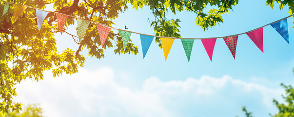 color pennant decoration summer party. wide banner - obrazy, fototapety, plakaty