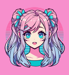 Cheerful cute anime girl with long pink hair on a pink background.