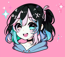 Cheerful cute anime girl with short hair on a pink background.