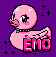 Obraz na płótnie Canvas Pink rubber duck with choker on purple background with text-slogan 
