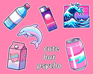 Set of vaporwave style stickers with a soda can, a dolphin, a water bottle and other cartoon style elements.