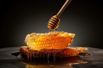 Honeycomb with honey and honey dipper on black background