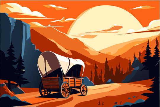 Covered wagon traveling on a trail. vektor illustation