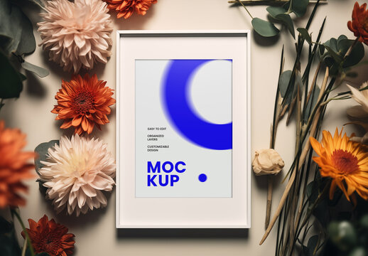 Bright Poster Mockup with Blue Abstract Design &ndash; Elegant Framed Art Display Surrounded by Flowers