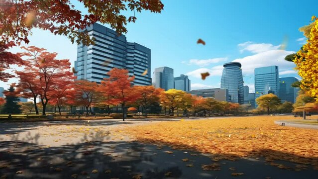 Buildings in modern city with autumn leaves. Golden leaves in front of high-rise corporate office buildings with Empty cement floor with lake garden and modern city skyline in background