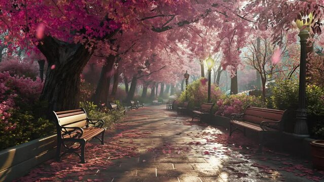 Spring forest path. pink sakura color tree, benches in a city park with beautiful view. Nature scene in sunset. Cartoon or anime illustration video style background 