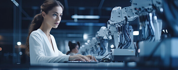 Robotics engineer using computer or laptop. robotic and digital manufacturing operation technology. copy space for text. - obrazy, fototapety, plakaty