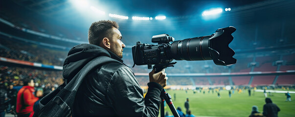 Press sport photographer with professional camera on football  stadium.