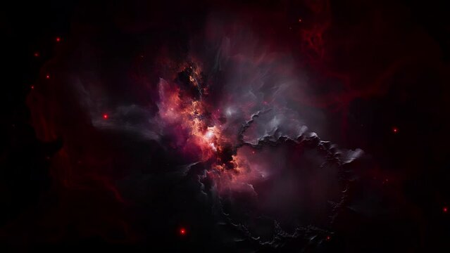Dark red nebula with center protostar sun as white dwarf. Artistic concept 3d animation of exploded alien galaxy and cosmos space in bright majestic stars after a supernova. Science fiction art.