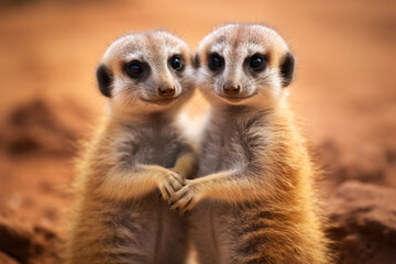 Obraz premium Two young suricates (Suricata suricate) appear to be greeting each other