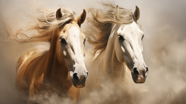 Vibrant painting of horses running in the desert, showcasing their grace and freedom against a stark, sandy backdrop.