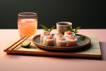 Fototapeta na wymiar Sushi rolls, soy sauce, sake, served on a handmade board on a light salmon background.