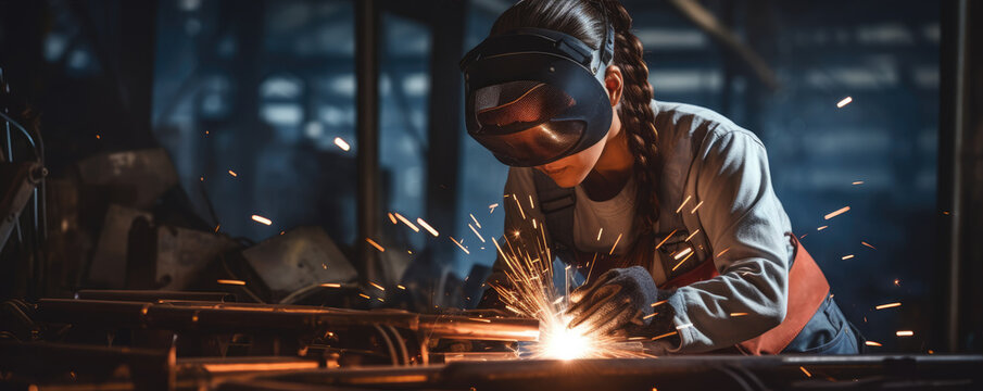 Woman welder in protective workwear in industrial factory.