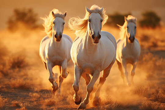 dynamic image capturing a herd of horses galloping with vigor through a desert. Dust billows around their hooves, creating a powerful scene of natural beauty and unbridled energy