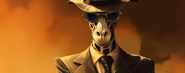 Gardinen Animal giraffe wearing modern suit, hat, and glasses. © Alena