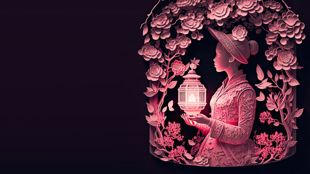 Paper Craft Design to Celebrate International Woman's Day. Premium Pink Floral Wallpaper with Lady, Lanterns and copy-space. Generative AI.