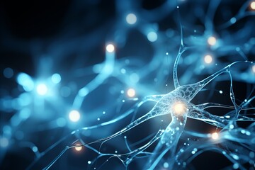 Abstract background with vibrant neuron cells and neural network connectivity concept - obrazy, fototapety, plakaty