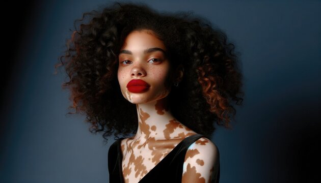 A girl with skin covered with vitiligo spots cheerfully poses. Inclusive and diverse tolerant society concept.