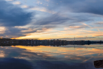 Beautiful lake with reflections in the water at sunset with spectacular colors. landscape photography