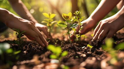 Hands holding a seedling that is about to be planted in the ground, symbolizing environmental protection.