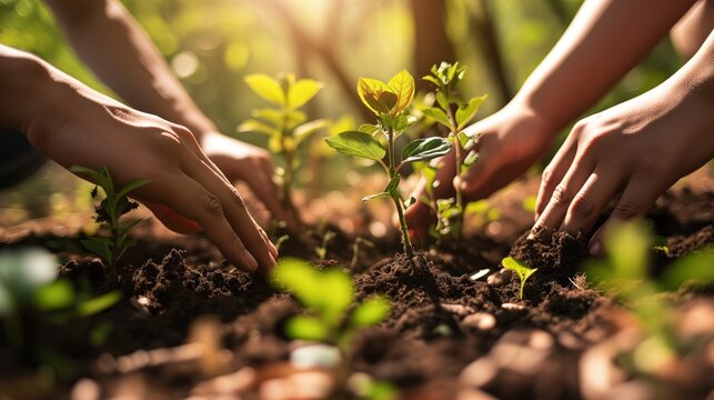 Hands holding a seedling that is about to be planted in the ground, symbolizing environmental protection.