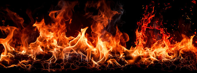 Fototapeta na wymiar Fire flames isolated on black background. Realistic fire flames texture.