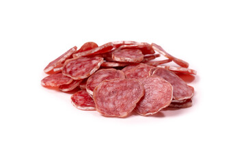 Tasty salami slices isolated on a white background.