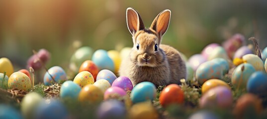 Adorable bunny with easter eggs in flowery meadow, bright spring colors on blurred background