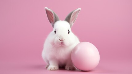 Obraz premium Easter bunny rabbit with colorful egg on pastel spring background, perfect for text placement