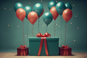 Red and Blue Balloons on Turquoise Backdrop with presents and Room for Text