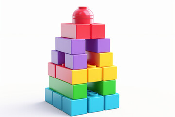 Fototapeta premium Closeup bright colorful toy made of plastic blocks children's building tower volume style illustration isolated on white