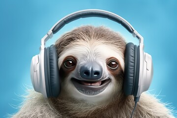 Adorable sloth monkey portrait enjoying tunes, radiating happiness.Listen a music in headphones ona blue background. - obrazy, fototapety, plakaty