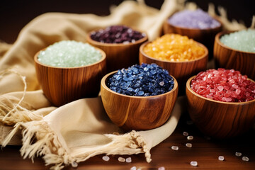 Different colored rice grains were placed in a wooden cup and placed on a white cloth
