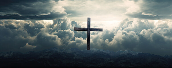 cross in clouds symbol of the death and resurrection , copy space for text. - obrazy, fototapety, plakaty