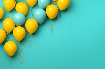 Yellow and Turquoise Balloons and Turquoise Background with Text Space