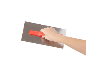 Hand hold Metallic Trowel for Plastering and mix or cement work isolated on transparent png background with clipping paths. Finishing Drywall Trowel stainless steel. Construction Tools. 