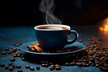 Fototapeta premium Hot coffee in blue cup and roasted coffee beans placed on a black wooden table