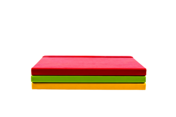 Textured paper notebooks in yellow, red and green color planner isolated on transparent png background. Design template of copybook with elastic band for mockup. Top view.