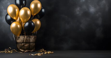 Sleek Black and Gold Party Balloons on Dark Canvas with Text Area