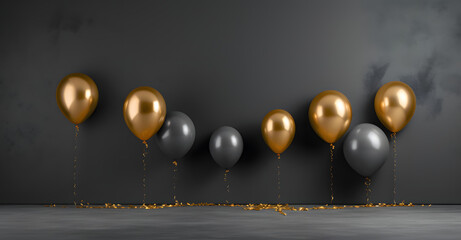 Elegant Grey and Gold Balloon Arrangement on Dark Backdrop with Text Space