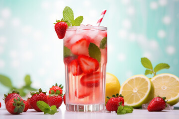 Summer strawberry lemonade on light background Strawberry mojito with berries and mint