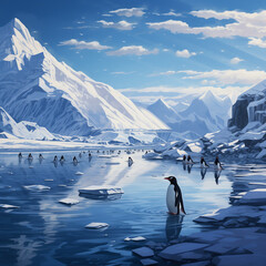 A colony of pinguins do their activity at the middle of icy mountain in the cloudy sky