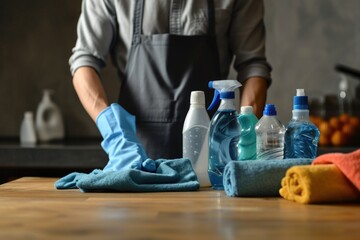 Cleaning day setup: A man in a gray apron arranges cleaning tools on a table. Cleaning products, gloves, and towels suggest housework ahead